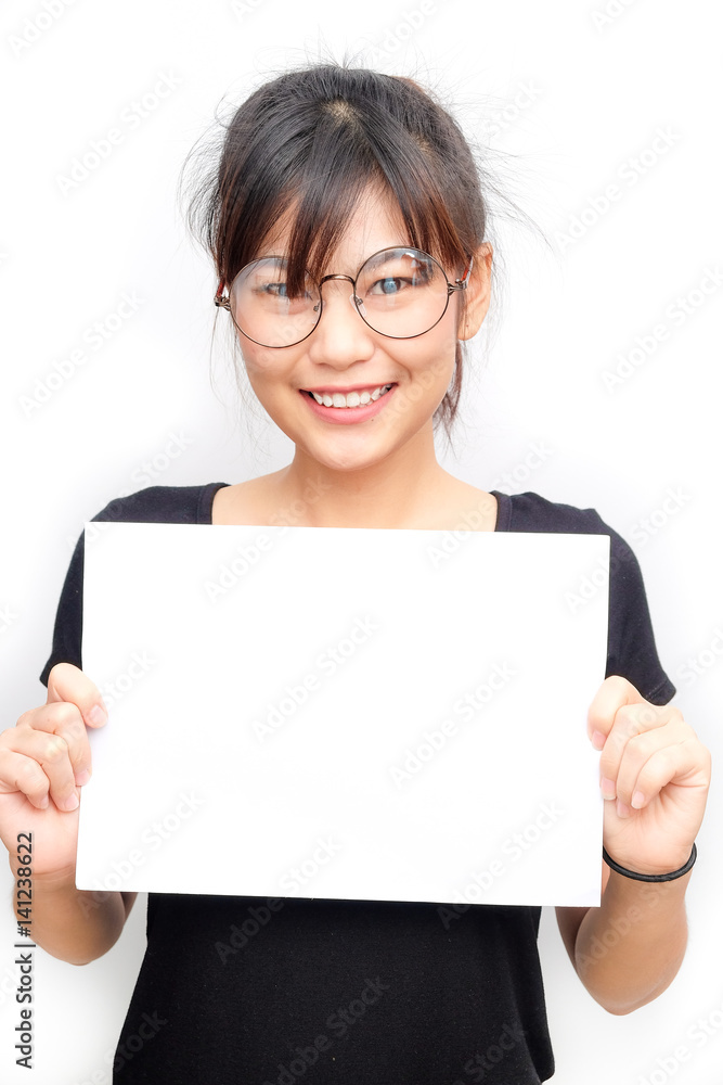 Asian women holding blank white paper for use as advertising Asian women holding blank white paper for use as advertising
