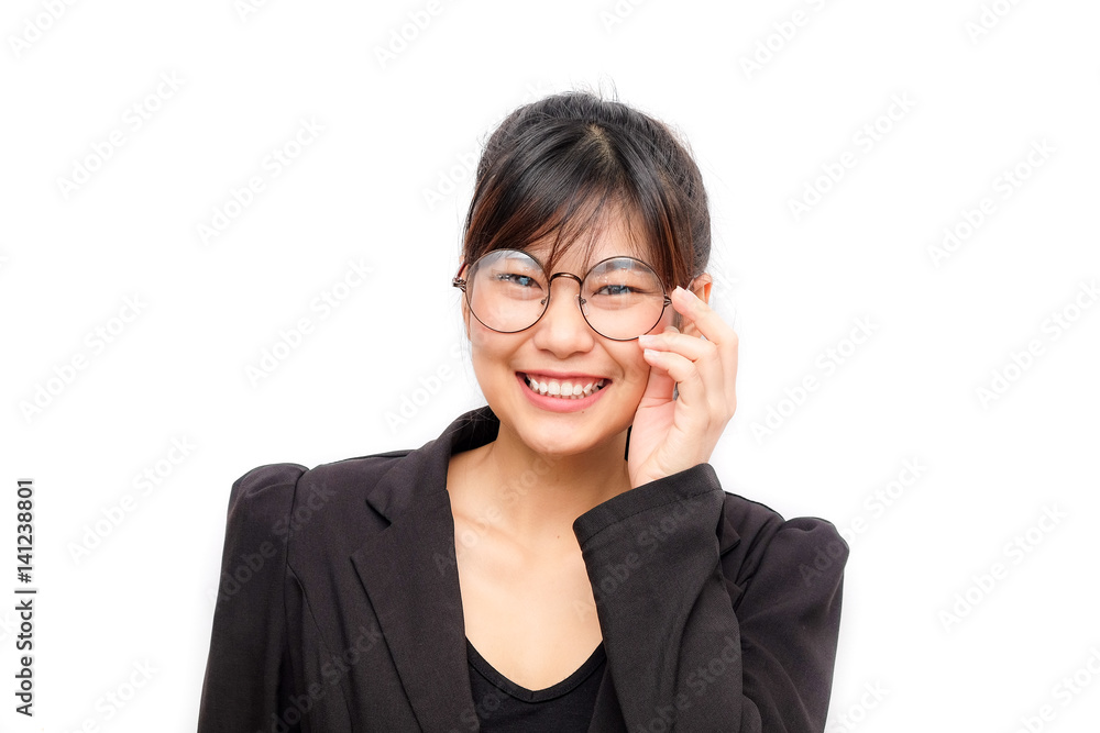 Business women wear glasses and bcak suit stand on white background