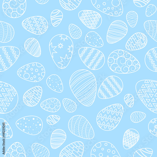 Vector, Pattern of white eggs. Easter. Seamless background. blue