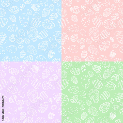 Vector, seamless Patterns of eggs. pink, blue, red, green background. Easter.