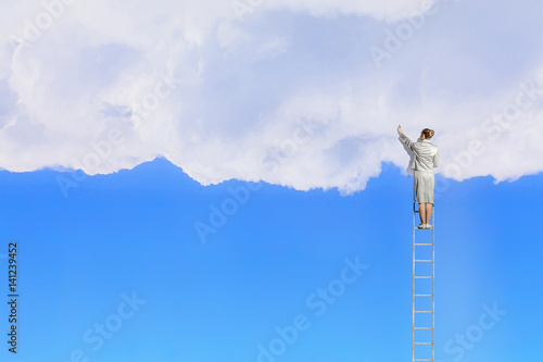 Woman climbing ladder . Mixed media