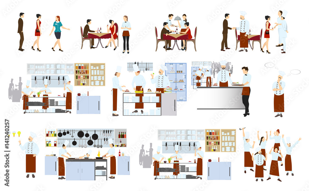 Chefs on the kitchen on white background. Restaurant kitchen interior with staff and visitors.