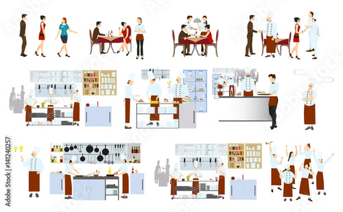 Chefs on the kitchen on white background. Restaurant kitchen interior with staff and visitors.