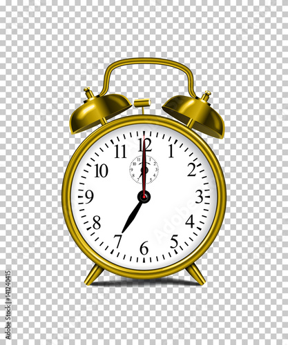 Vector realistic golden alarm clock isolated on transparent background.