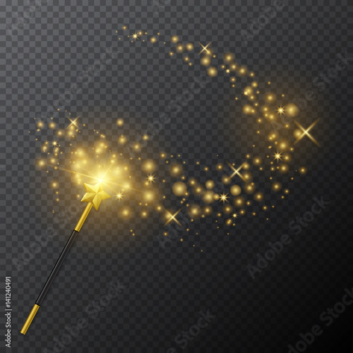 Obraz na plátně Vector golden magic wand with glow light effect on transparent background