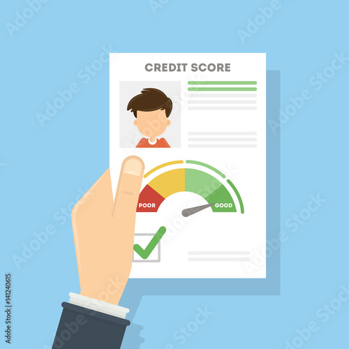 Credit score document. Man holds the aper with foto and personal information about credit and index.