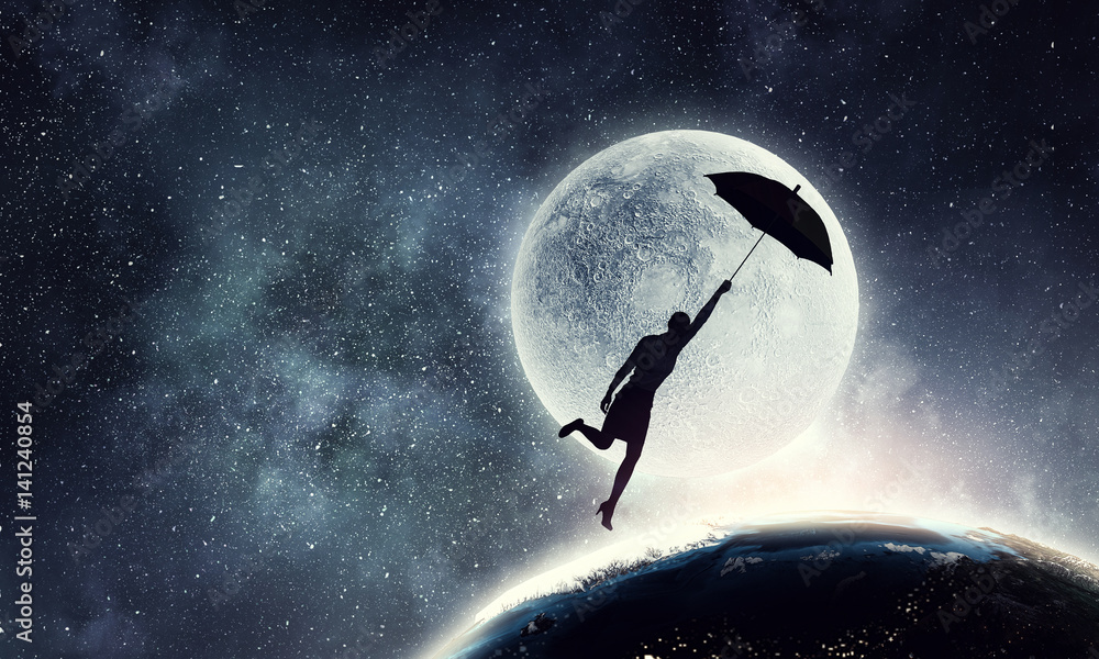 Woman flying on umbrella . Mixed media Woman flying on umbrella . Mixed media