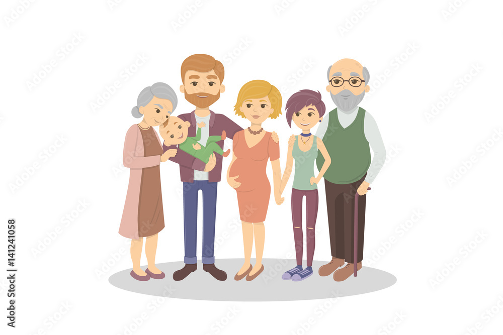 Isolated happy family on white background. Parent and grandparents and son and daughter. Pregnant mother. Isolated happy family on white background. Parent and grandparents and son and daughter. Pregnant mother.
