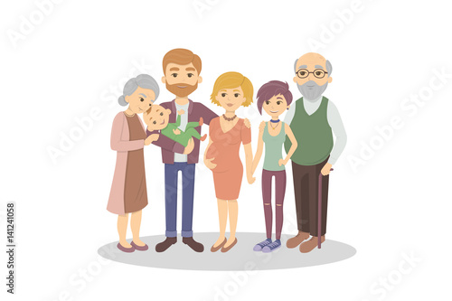 Isolated happy family on white background. Parent and grandparents and son and daughter. Pregnant mother.