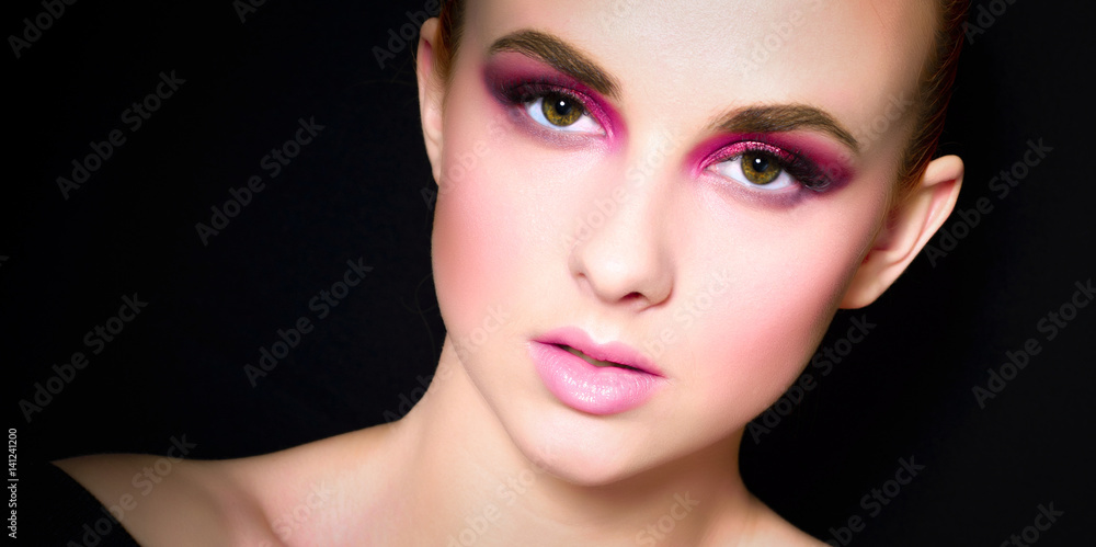 Beauty Fashion Model Girl with pink make-up, close-up studio shoot Beauty Fashion Model Girl with pink make-up, close-up studio shoot