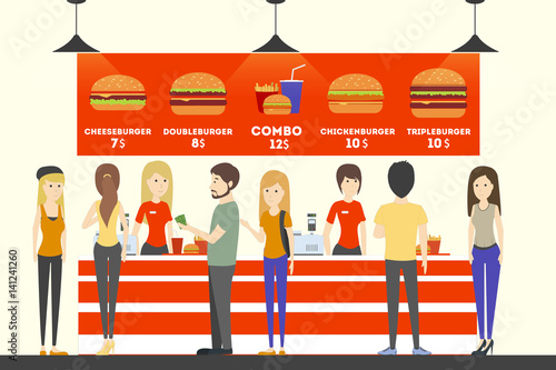 Fast food cashier. People in uniform sell the food to customers. Burgers, french fries and drinks.