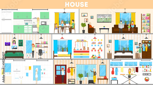 House interior set. Inside the house. Bedroom and kitchen, bathroom and more.
