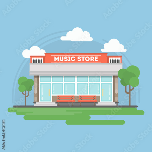 Fototapeta Naklejka Na Ścianę i Meble -  Music store building. Isolated urban building with sign and storefront. City landscape with clouds and trees.