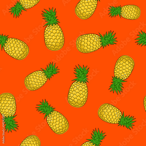 Seamless Pattern of Pineapple , Fruit Ananas on Orange Background, Vector Illustration