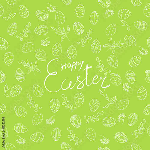 Easter pattern with eggs, lettering floral on green. Spring
