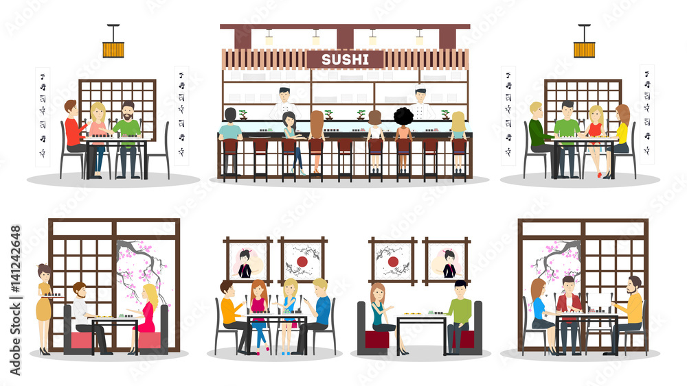 Sushi bar interior set. oriental style. Bar, tables and kitchen. Asian chefs and waitresses. isolated icns.