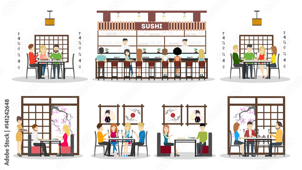 Sushi bar interior set. oriental style. Bar, tables and kitchen. Asian chefs and waitresses. isolated icns. Sushi bar interior set. oriental style. Bar, tables and kitchen. Asian chefs and waitresses. isolated icns.