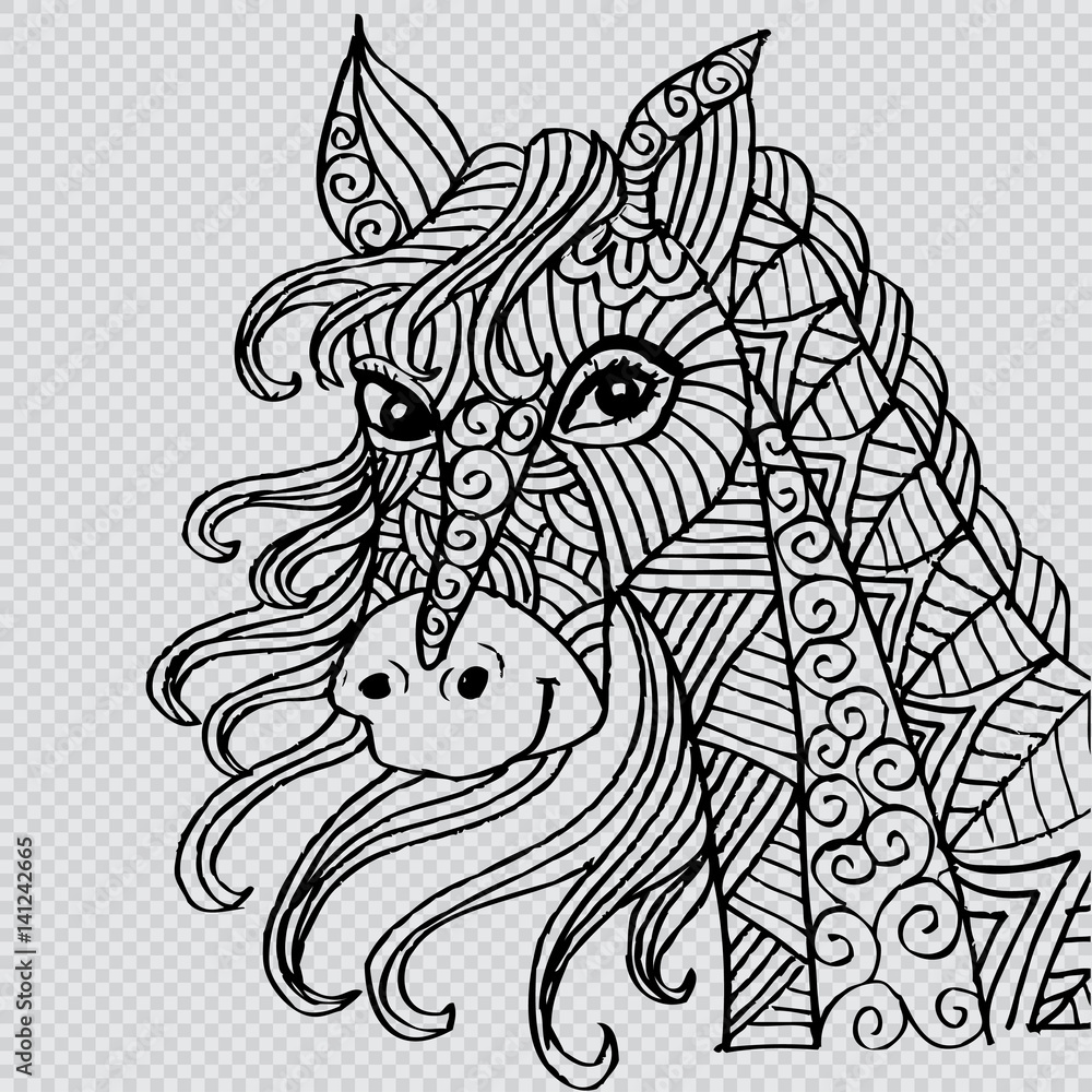 Hand-drawn horse with ethnic ornament.