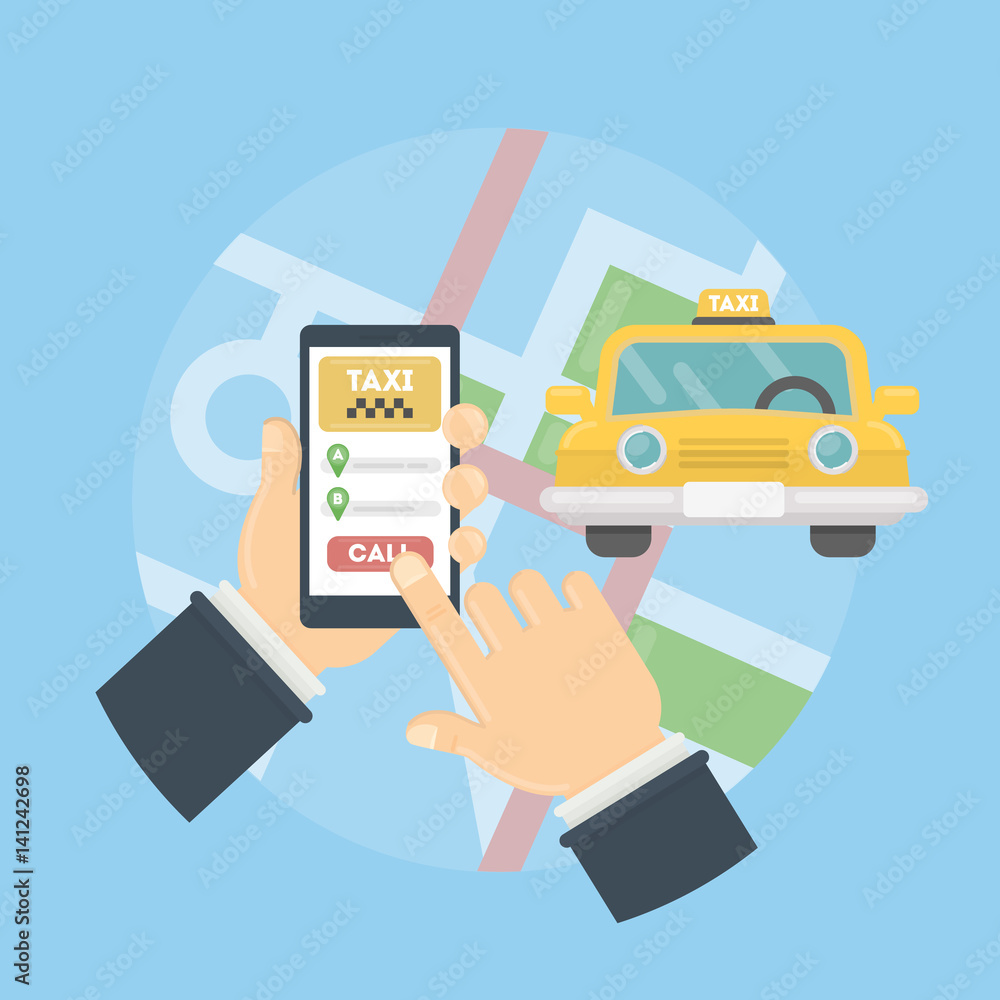 App for taxi. Man holds hand with smarthone. Application for calling taxi. Yellow car on the city map. App for taxi. Man holds hand with smarthone. Application for calling taxi. Yellow car on the city map.