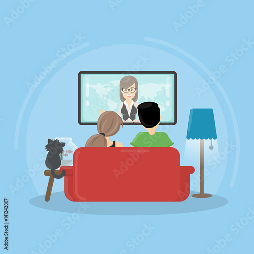 Watching TV at home. Man, woman and cat