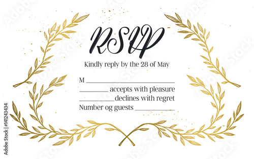 Hand drawn vector illustration - wedding invitation RSVP with vintage branches and inky splashes. Gold botanical leaves. Perfect for invitations, greeting cards, blogs, posters and more.