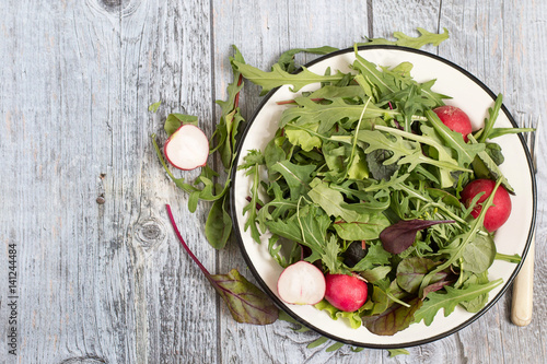 Green salad.   Spring green salad with herbs such as chard, lettuce, beet leaves and a fresh radish on a plate on a gray wooden table.