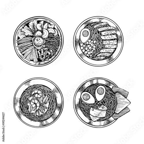 Hand drawn vector illustrations - Asian cuisine. Ramen and some asian dishes. Perfect for restaurant brochure, cafe flyer, delivery menu. Illustrations in sketch style