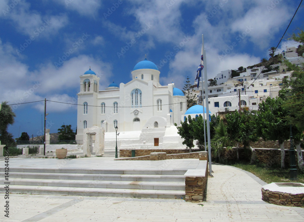 The dome of Hora of Chora town in Ios Village, Cyclades island, Greece