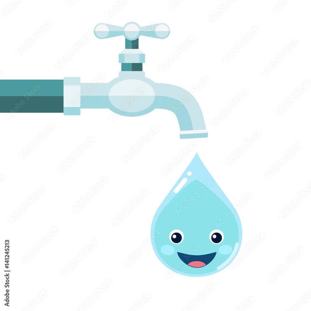 Water tap with smiling water drop isolated on white background Water tap with smiling water drop isolated on white background