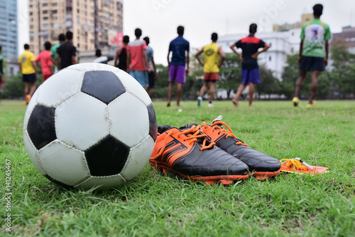 Soccer equipment in grass field