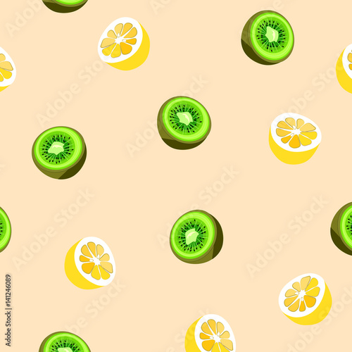 Background with lemon and kiwi. Seamless. Summer, fruit. Vector illustration.