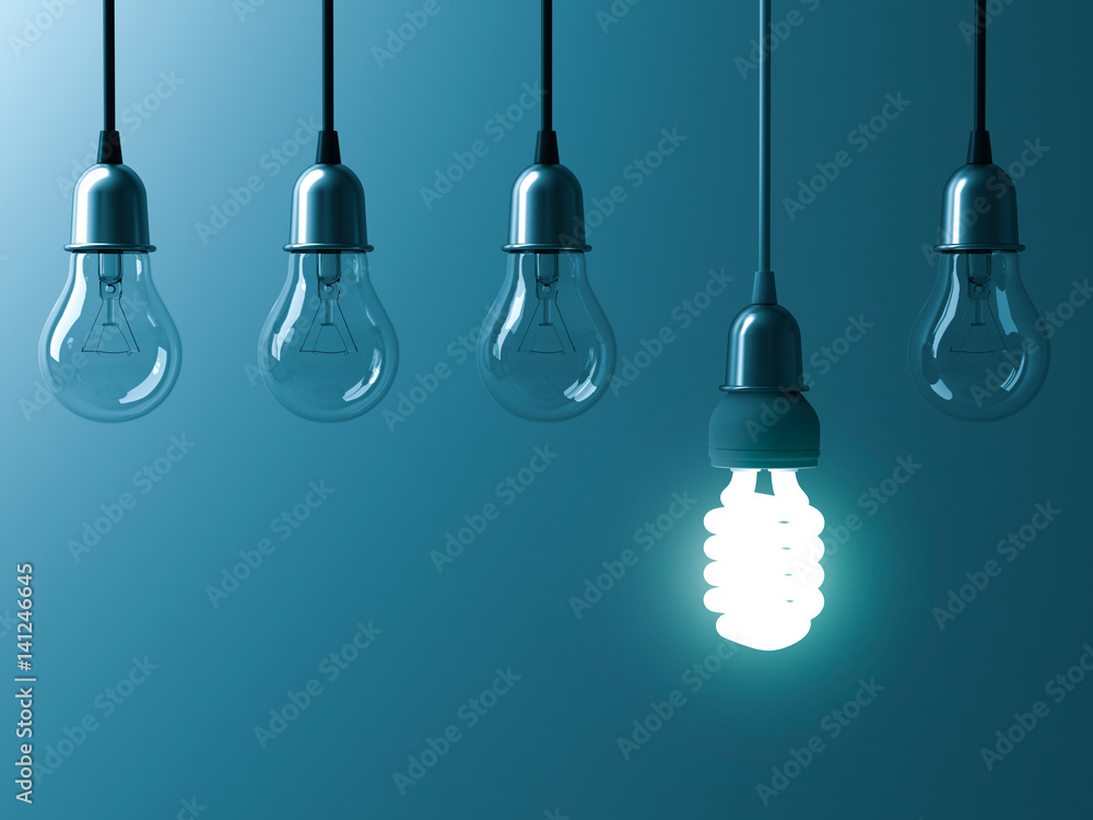 One hanging saving light bulb glowing different stand out from unlit incandescent bulbs with reflection on dark cyan background , and different creative idea concept. 3D rendering. Stock Illustration