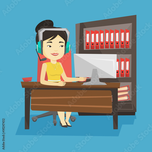 Woman playing computer game vector illustration.