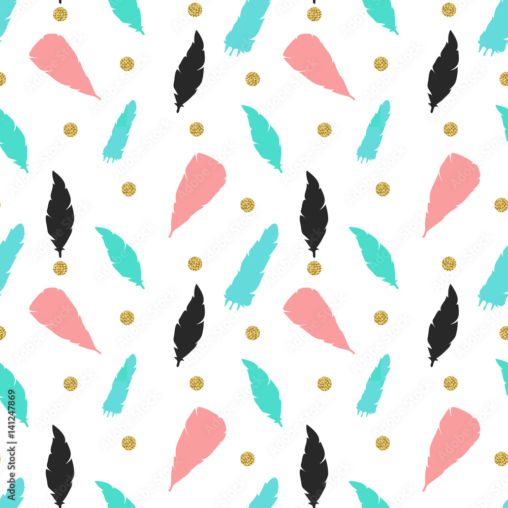 Golden sparkling dots and colored feathers silhouette seamless pattern.