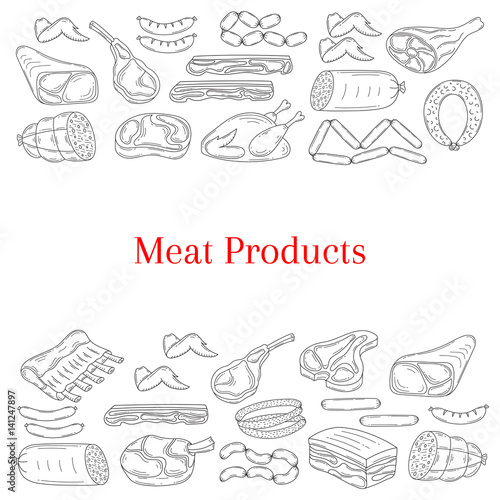 Vector card template with different kinds of meat products