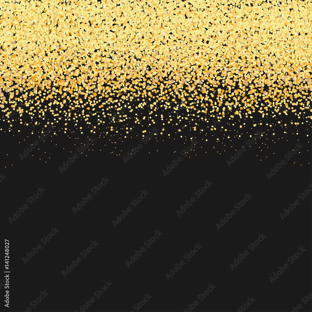 Gold glitter texture on black background. Vector illustration for golden shimmer background.  For sale gift card, certificate voucher