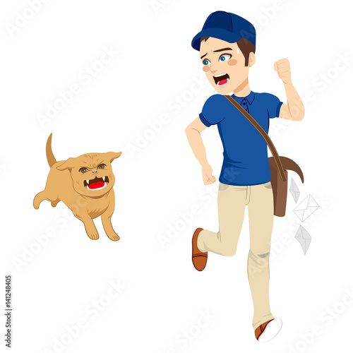 Helpless postman running away from dangerous angry dog