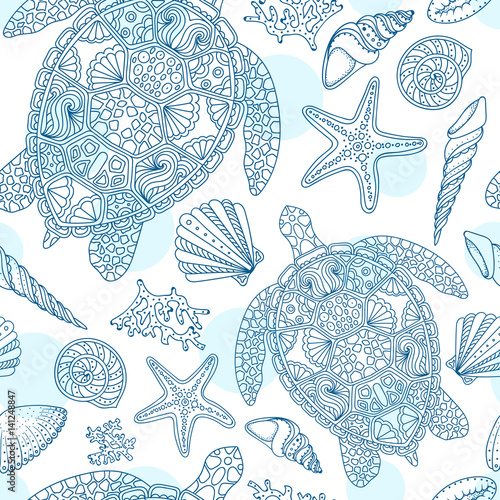 Seamless summer underwater pattern. Various shell, algae, starfish, coral, turtle on white dotted background. Vector illustration.