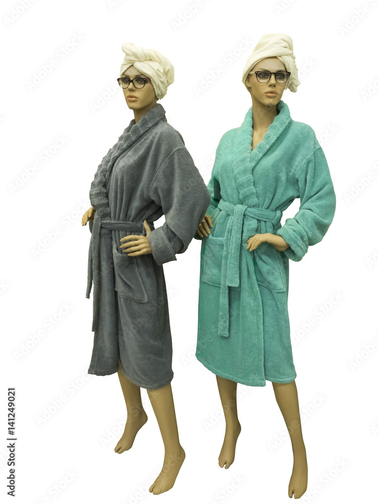 Two female mannequins wearing bathrobe