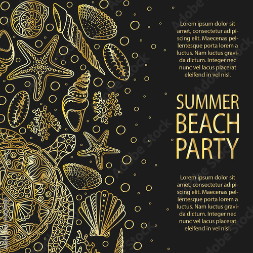 Universal card template with nautical theme - sea shells, starfish, seastar, mollusk silhouettes illustrations. Design concept for  beach party, save the date invitations or others. Colors of gold