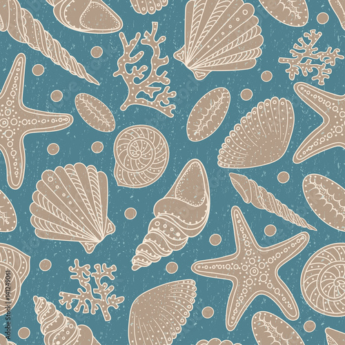 Sea shells, seastars and corals seamless background. Vintage shabby seamless pattern for textile, print, wallpaper. Sea life pattern.