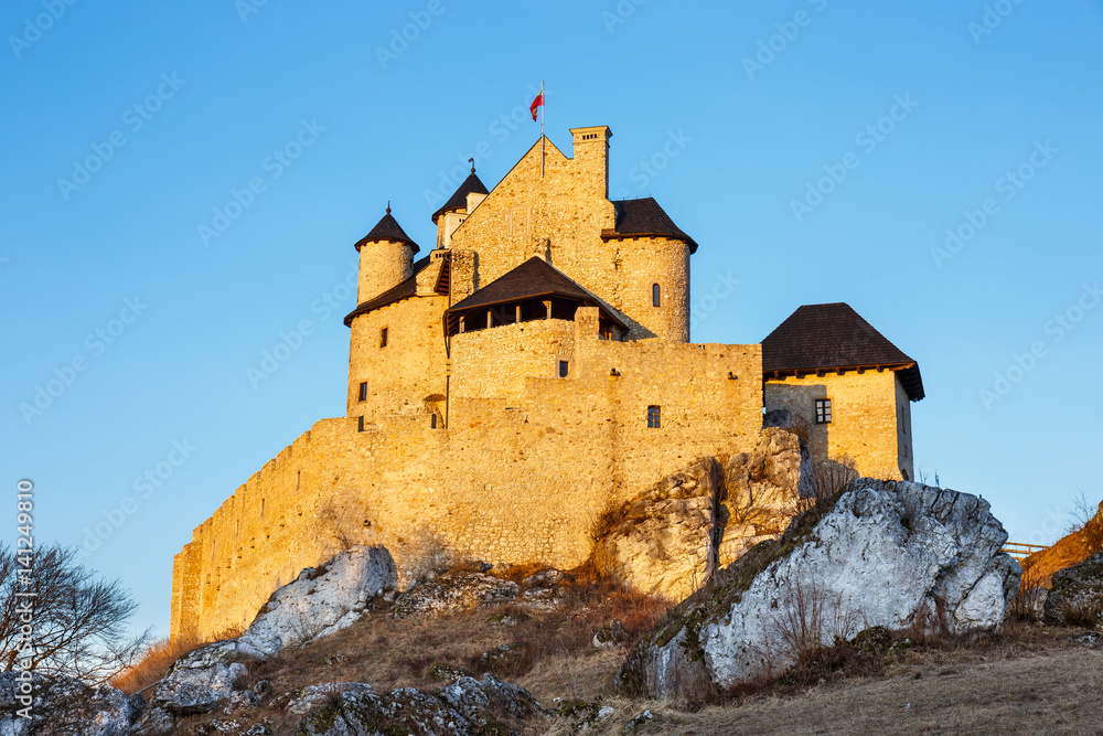 medieval castle at sunset in Bobolice, Poland