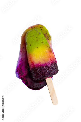 Melted Layers fruit Ice cream on stick isolated on white, natural summer dessert