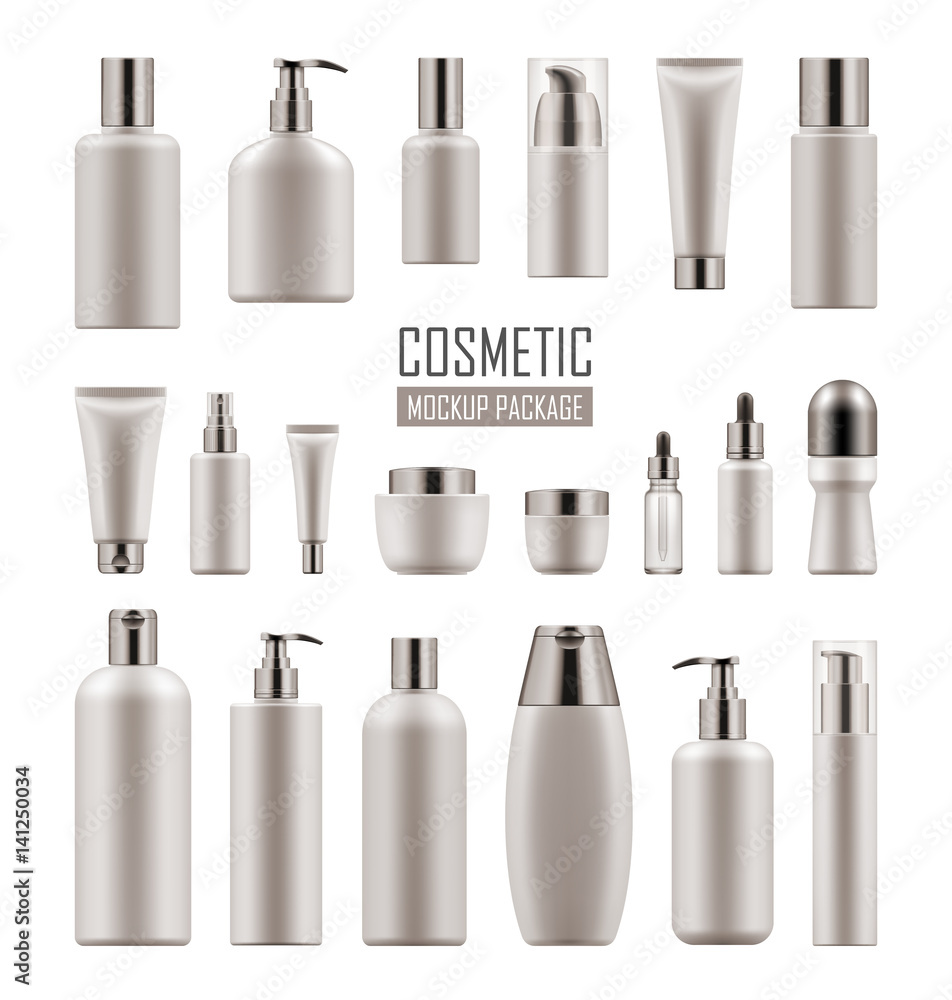 Set of empty realistic package for cosmetic product. Collection of blank template of plastic container with pump, tube, bottle with dispenser, spray. Vector mockup of packages isolated on white Set of empty realistic package for cosmetic product. Collection of blank template of plastic container with pump, tube, bottle with dispenser, spray. Vector mockup of packages isolated on white