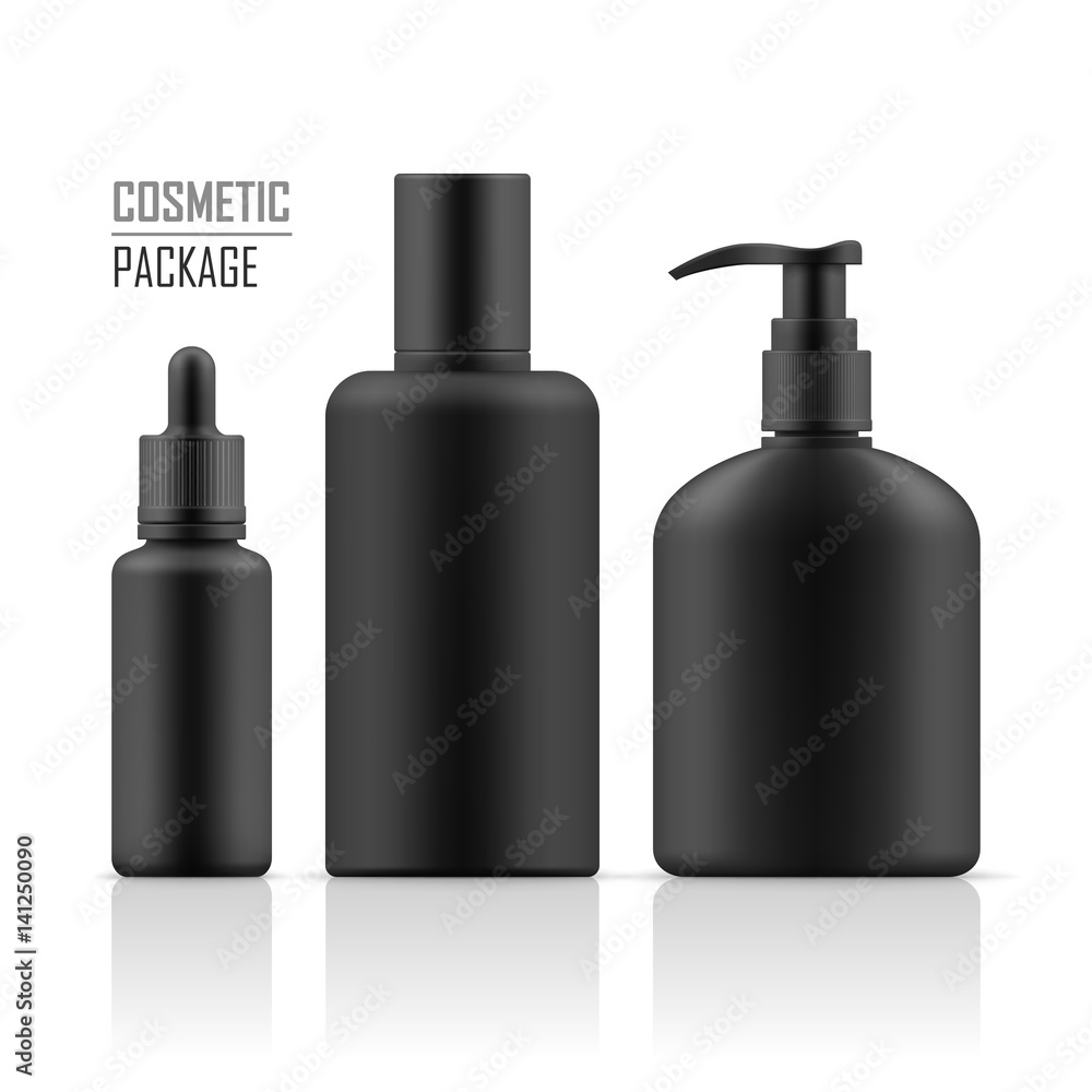 Set of realistic black package for luxury cosmetic product. Cosmetic for hygiene and clean. Set of empty realistic plastic containers: body cream bottle, liquid soap with dispenser. Vector mockup. Set of realistic black package for luxury cosmetic product. Cosmetic for hygiene and clean. Set of empty realistic plastic containers: body cream bottle, liquid soap with dispenser. Vector mockup.