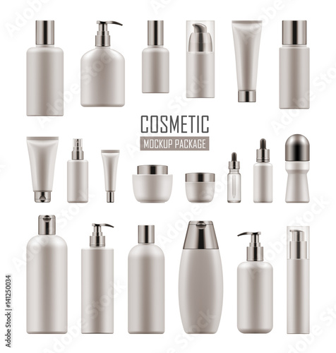 Set of empty realistic package for cosmetic product. Collection of blank template of plastic container with pump, tube, bottle with dispenser, spray. Vector mockup of packages isolated on white