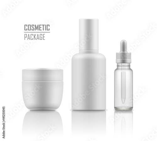 Set of realistic empty packages for skincare cosmetic. Collection of blank template of container: face cream jar, tube, glass bottle for essence or serum. Vector mockup isolated on white