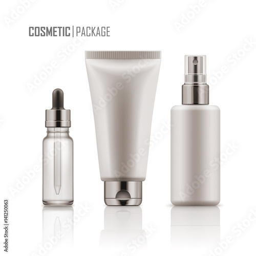 Set of realistic empty packages for skincare cosmetic. Collection of blank template of container: plastic tube for cream, glass bottle for essence or serum, spray. Vector mockup isolated on white