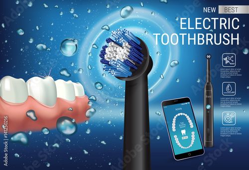 Electric toothbrush ads. Vector 3d Illustration with vibrant brush and mobile dental app on the screen of phone.