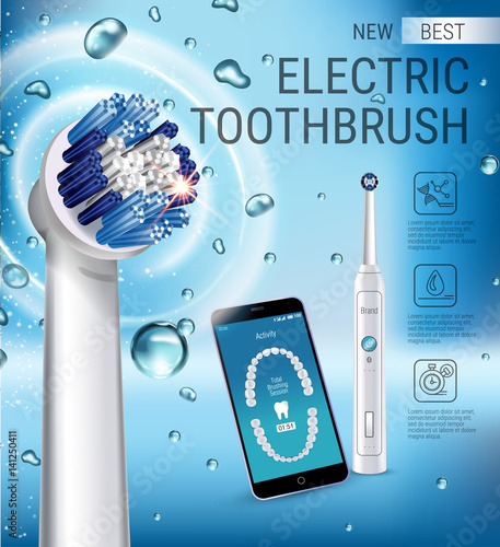 Electric toothbrush ads. Vector 3d Illustration with vibrant brush and mobile dental app on the screen of phone.